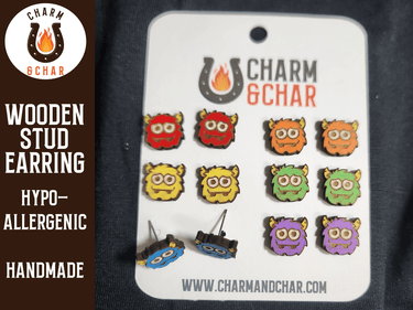 Monster Wood Stud Earrings - Animal Fashion Earring - Stud Earring - Charm and Char